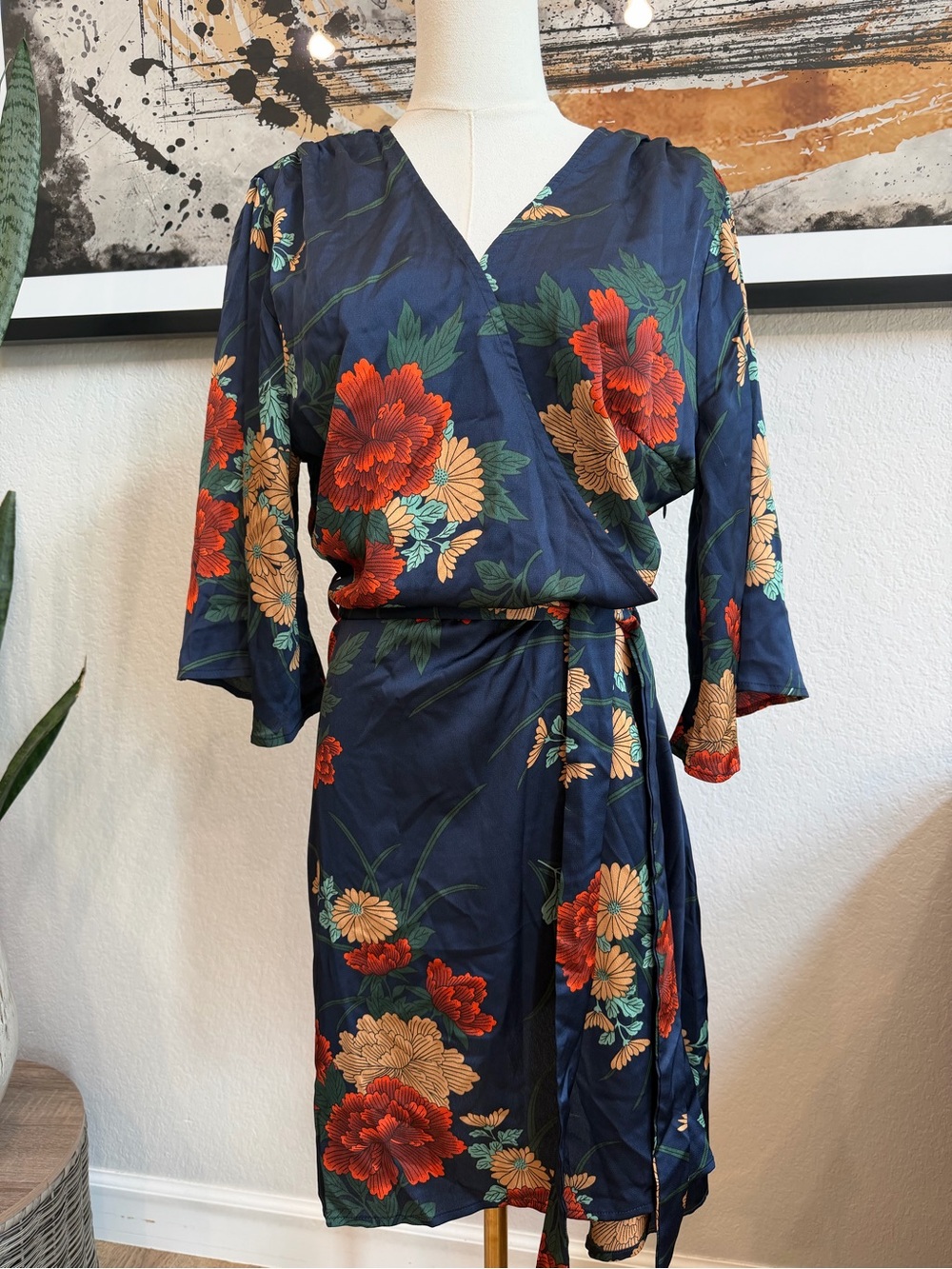 Boohoo Navy Floral Wrap Dress with Red & Beige Blooms - Picture 7 of 14